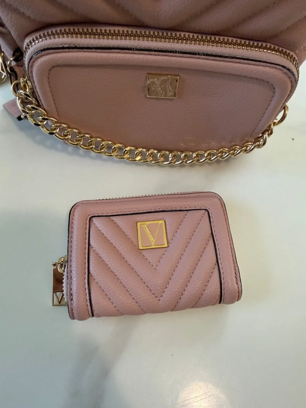 Pink Quilted Mini Backpack with Matching Wallet - Gold Hardware